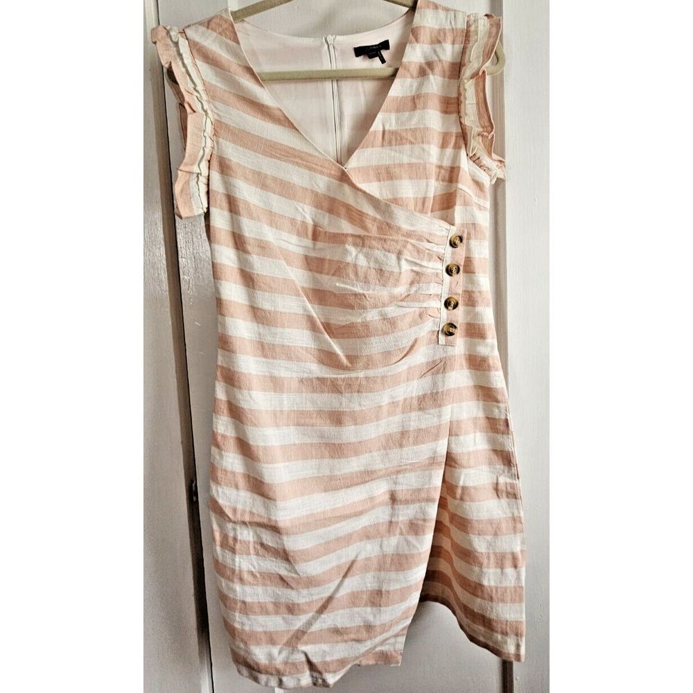 & merci women striped Sz Medium flutter sleeve faux wrap dress Linen blend